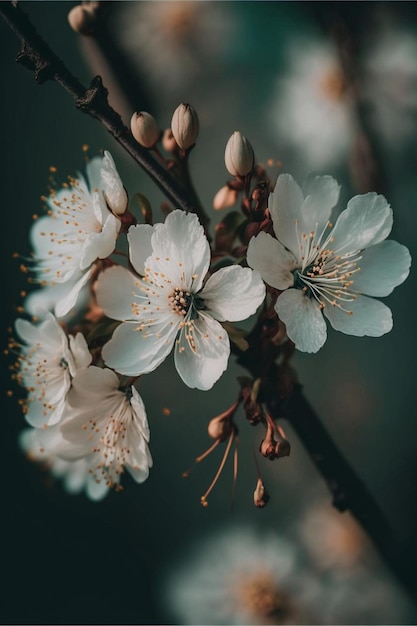 Close-up de algumas flores brancas em uma árvore generativa ai