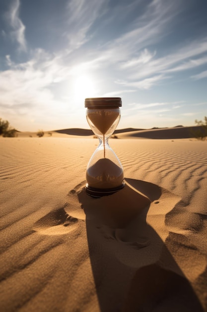 Foto close-up de ampulheta na areia no deserto com luz solar criada usando tecnologia generativa ai