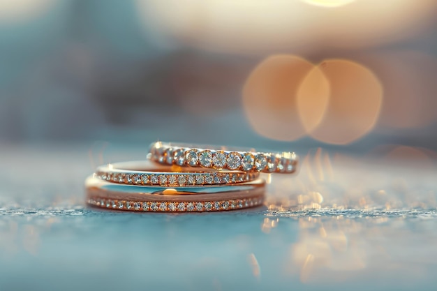 Close-up de anéis de casamento de prata em rosa branca DOF foco em diamantes