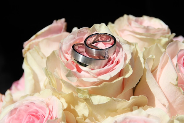 Foto close-up de anéis de casamento em rosas cor-de-rosa contra fundo preto