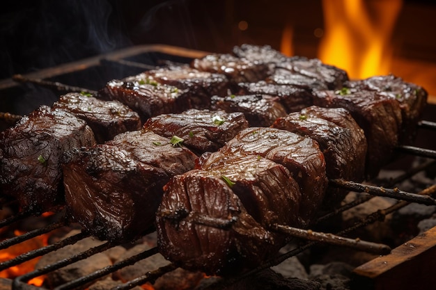 Foto close-up de anticuchos de corazon grelhados espeto coração de carne bovina