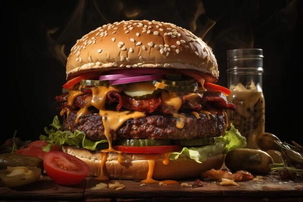 Close-up de apetitoso fast food quente suculento hambúrguer grande com cutlet e bacon na mesa