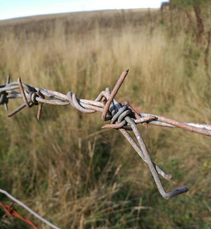 Foto close-up de arame farpado no campo