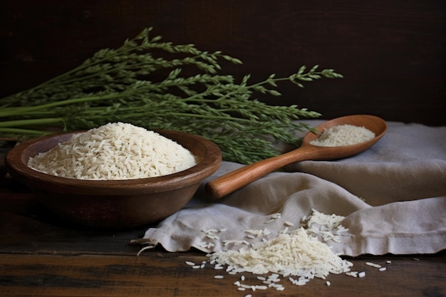 Close-up de arroz arborio e colher de madeira em uma mesa rústica