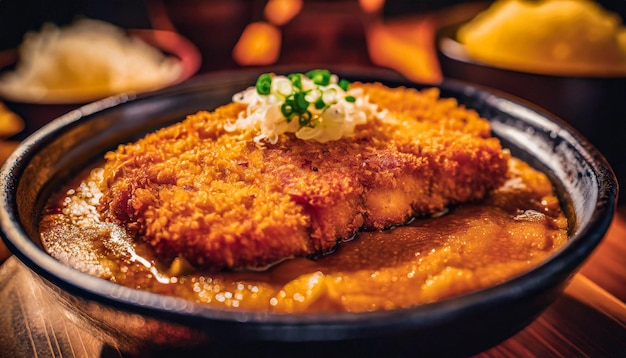 Foto close-up de arroz de curry suculento com tonkatsu comida japonesa conceito de cardápio de comida japonesa restaurante