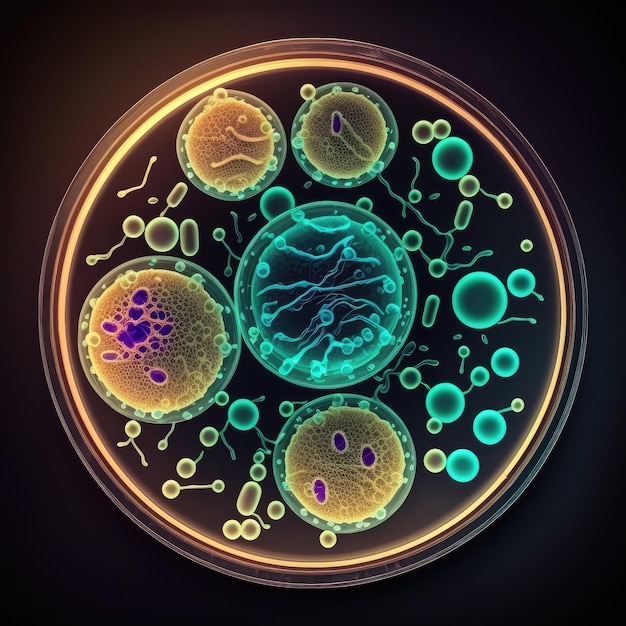 Close-up de bactérias e células de vírus no prato de amostra de laboratório de ciências para soro