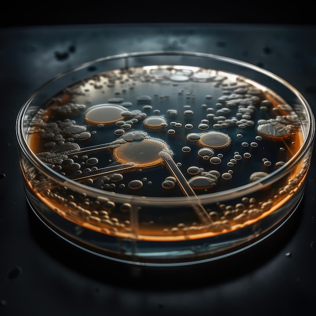 Close-up de bactérias e células de vírus no prato de amostra de laboratório de ciências para soro