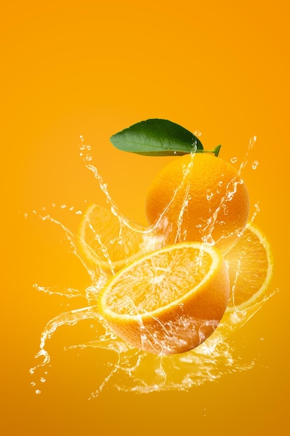 Close-up de bagas de laranja na água contra fundo amarelo
