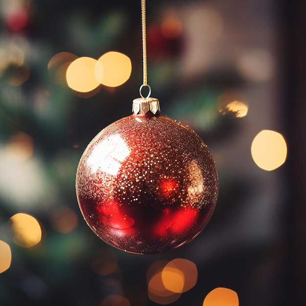 Close-up de bauble vermelho pendurado em uma árvore de Natal decorada Efeito de filtro Retro