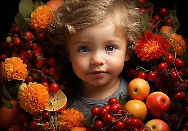 Close-up de bebê saudável posando em estúdio ao lado de frutas e flores geradas por IA