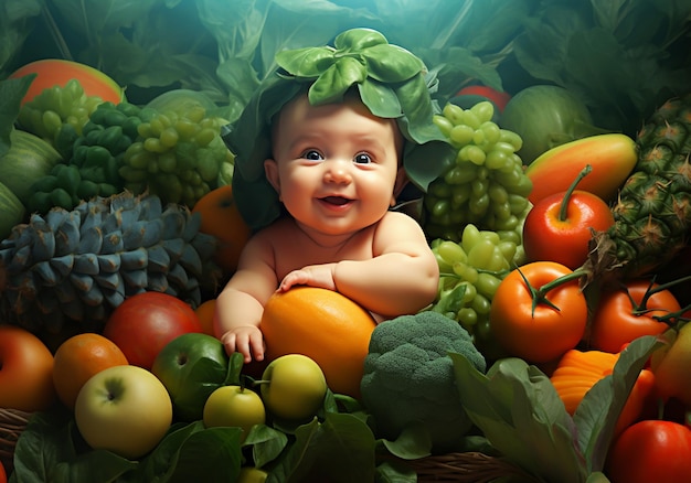 Foto close-up de bebê saudável posando em estúdio com legumes vitaminas para o crescimento saudável das crianças