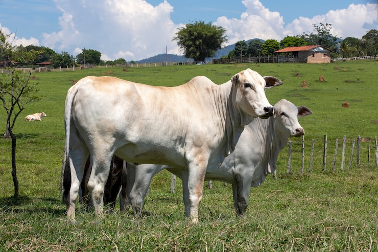Foto close up de bezerro nelore no pasto com árvores. estado de são paulo, brasil
