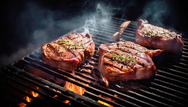 Close-up de bife grelhado na grelha com chama em fundo preto escuro Receita de comida e conceito de ingredientes IA geradora