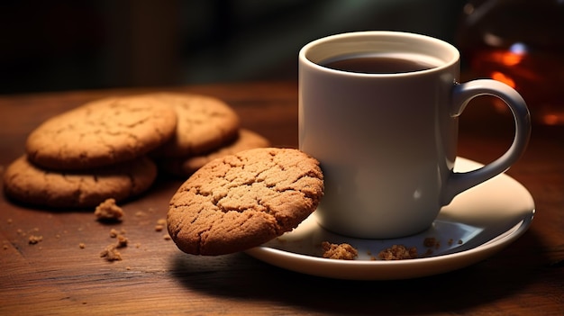 Close up de biscoitos deliciosos e xícara de café generativa ai