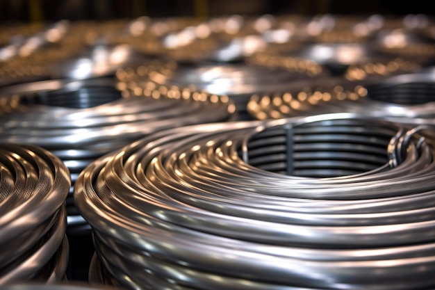 Close-up de bobinas de fio de alumínio em uma fábrica