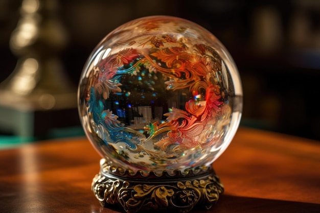 Close-up de bola de cristal com padrões intrincados e cores visíveis criados com IA generativa