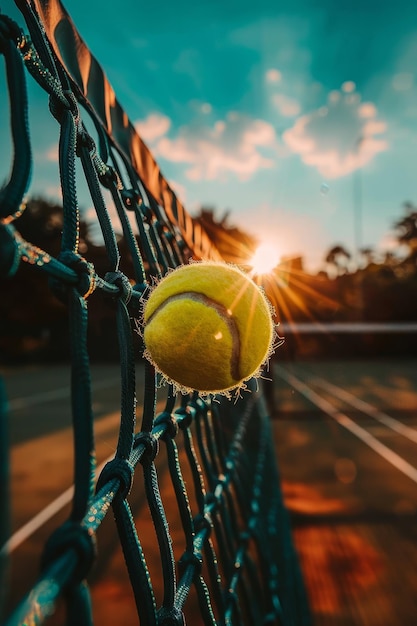 Foto close-up de bola de tênis congelada em movimento médio destacando a precisão no conceito de esporte olímpico
