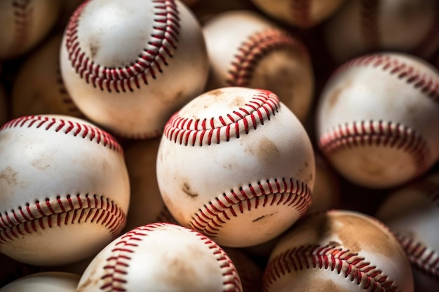 Foto close-up de bolas de beisebol usadas com costuras vermelhas
