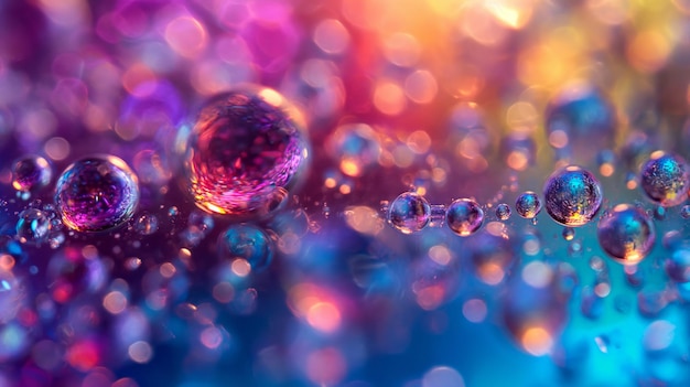 close up de bolhas coloridas e azuis escuras são dispostas em uma bebida padrão arco-íris