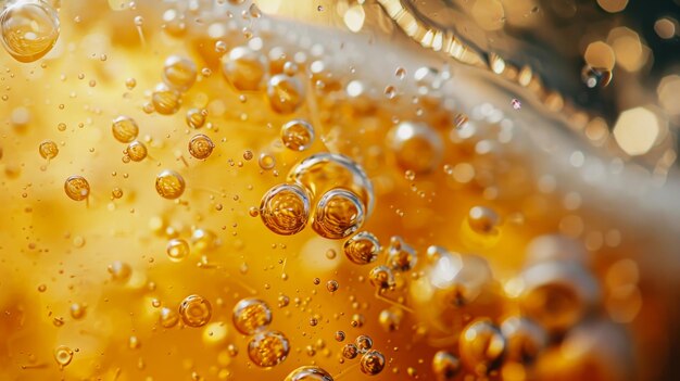 Close-up de bolhas de cerveja em um copo transparente Cerveja Bebida alcoólica fria refrescante com bolhas