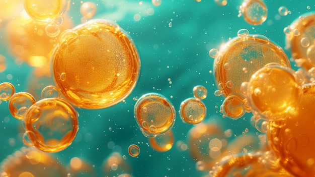 Close-up de bolhas de óleo de laranja flutuando na água