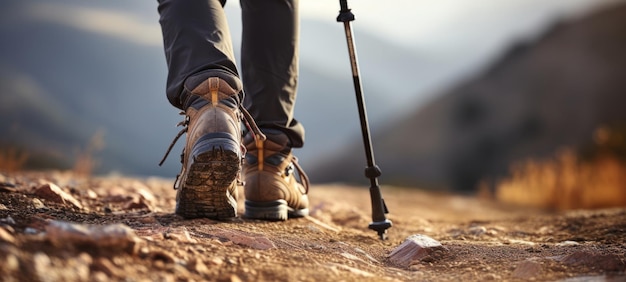 Foto close-up de botas de caminhada subindo uma trilha de montanha rochosa exploração e fitness