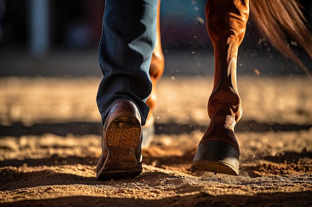 Foto close up de botas de um cavaleiro nos estribos enquanto cavalga estilo inglês