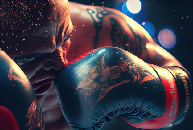 Foto close-up de boxeador em luvas de boxe para bater e lutar com seu oponente com salpicos de suor torneio esportivo e conceito de jogo de partida ia geradora