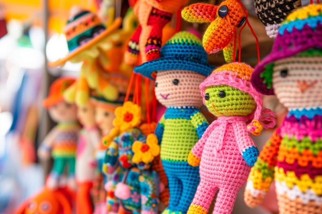 Foto close-up de brinquedos de crochet em uma barraca de mercado vibrante