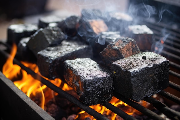 Close-up de briquetes de carvão em ignição em bbq