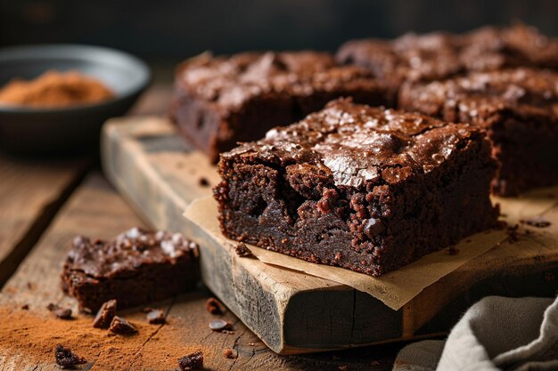 Close-up de brownies recém-cozidos em uma tábua de madeira