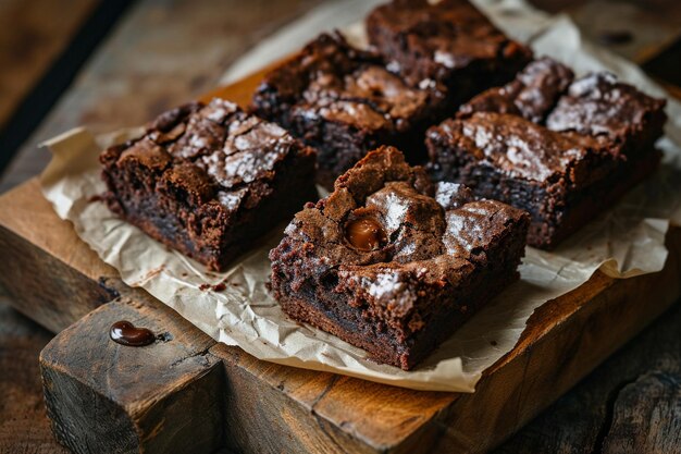 Close-up de brownies recém-cozidos em uma tábua de madeira