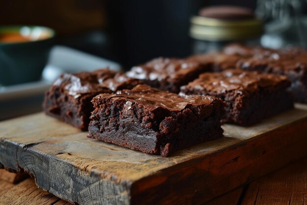 Close-up de brownies recém-cozidos em uma tábua de madeira