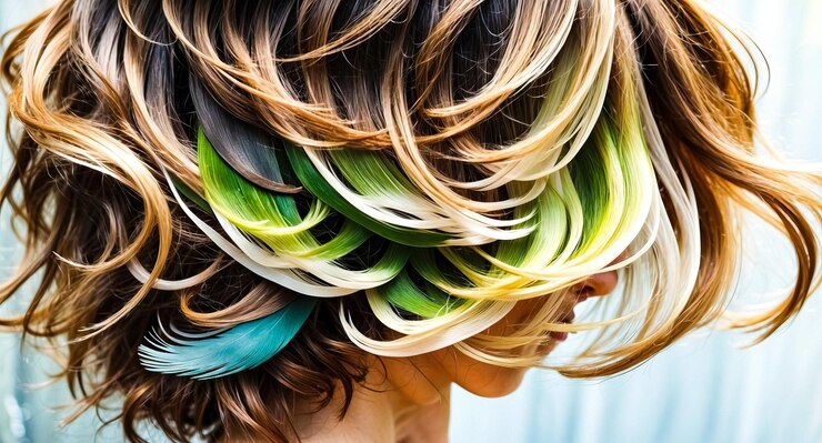 Foto close-up de cabelo de mulher com listras verdes e brancas e uma pena azul