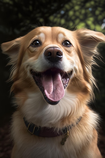 Close-up de cachorro bege enfiando a língua para fora na floresta criada usando tecnologia de IA generativa