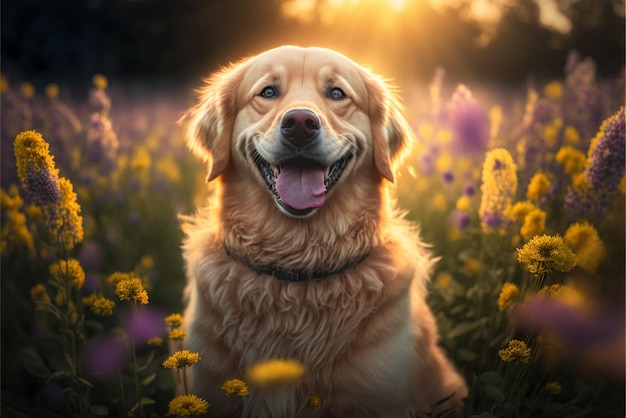 Close-up de cachorro sentado em flores de campo generativa ai