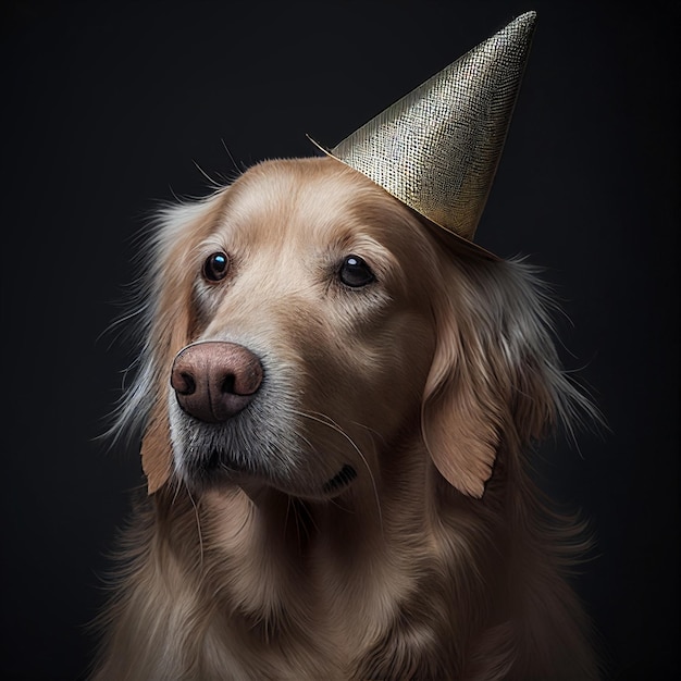 Close-up de cachorro usando chapéu de festa generativa ai