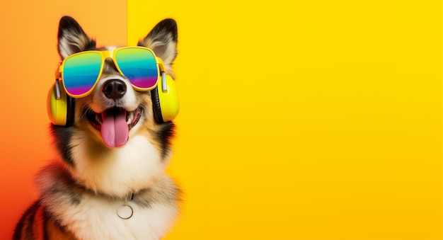 close-up de cachorro usando óculos e fone de ouvido fundo brilhante com espaço de cópia