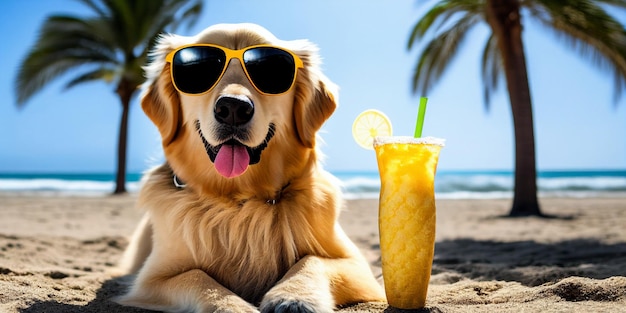 Close-up de cachorro usando óculos escuros e com bebida na frente palmeira generativa ai
