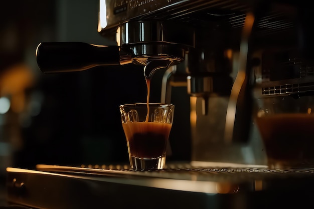 Close-up de café expresso derramando da máquina de café AI