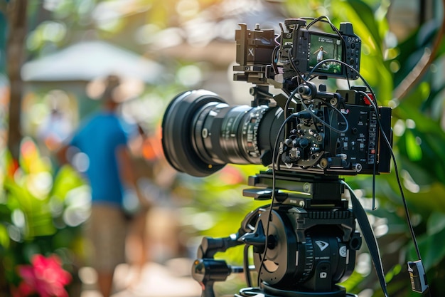 Close-up de câmera profissional com monitor durante a filmagem de um vídeo comercial ou um filme atrás do