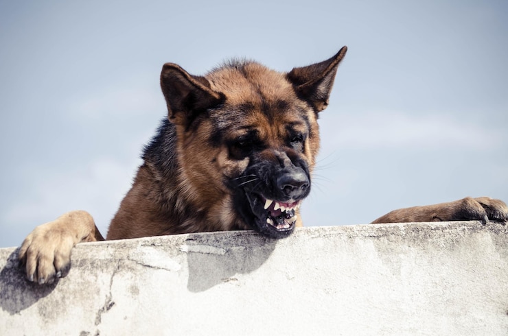 Foto close-up de cão rosnando contra o céu