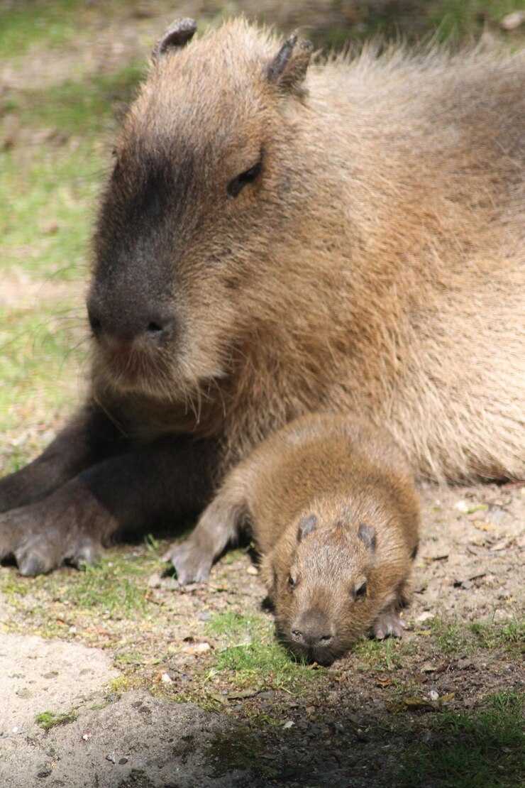 Foto close-up de capibara com bebê