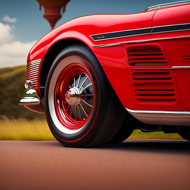 Close-up de carro clássico vermelho Rodas de automóvel de transporte Veículo de luxo Modelo esportivo antigo