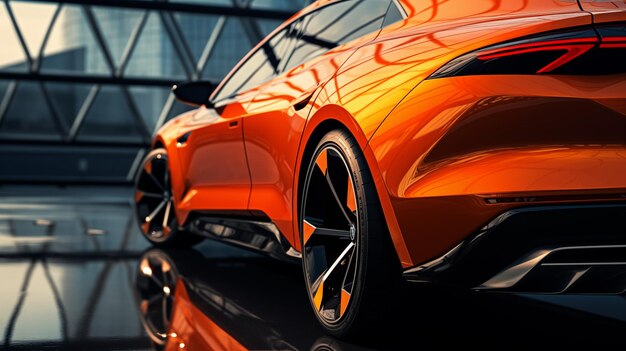 Close-up de carro esportivo laranja moderno com superfície refletora e fundo arquitetônico desfocado