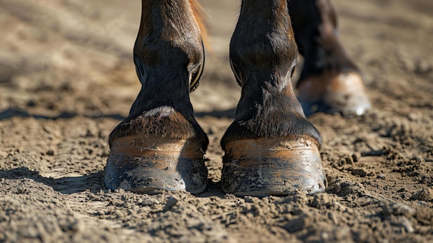 Foto close-up de cascos de cavalos no chão o cavalo está de pé em uma superfície arenosa os cascos estão bem cortados e em boas condições