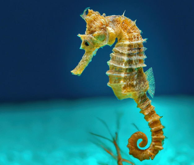 Foto close-up de cavalo-marinho em fundo azul criado usando tecnologia de ia generativa