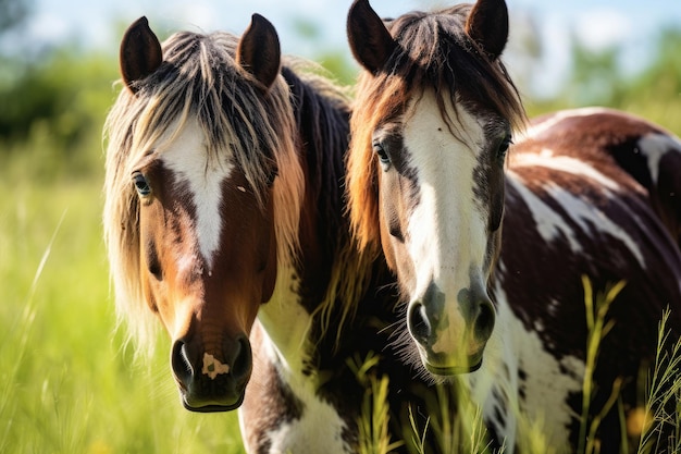 Close-up de cavalos na grama verde
