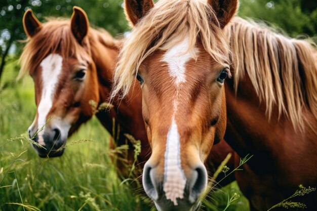 Close-up de cavalos na grama verde