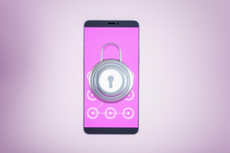 Foto close-up de celular com cadeado criativo na tela fundo rosa conceito de dispositivo seguro renderização 3d